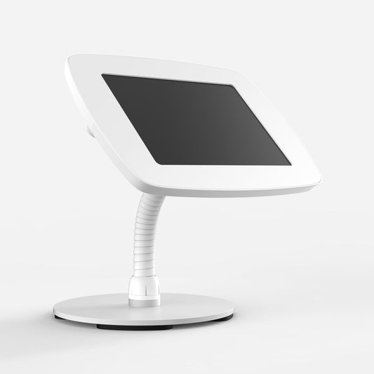 Bouncepad Counter Flex - A secure tablet & iPad gooseneck stand in white.