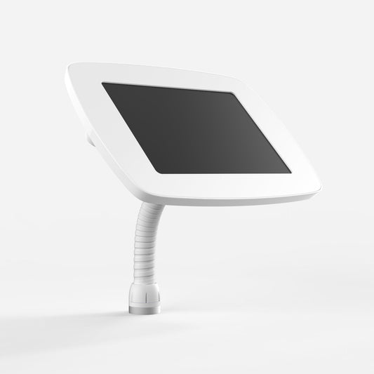 Bouncepad Flex - A secure tablet & iPad gooseneck stand in white.