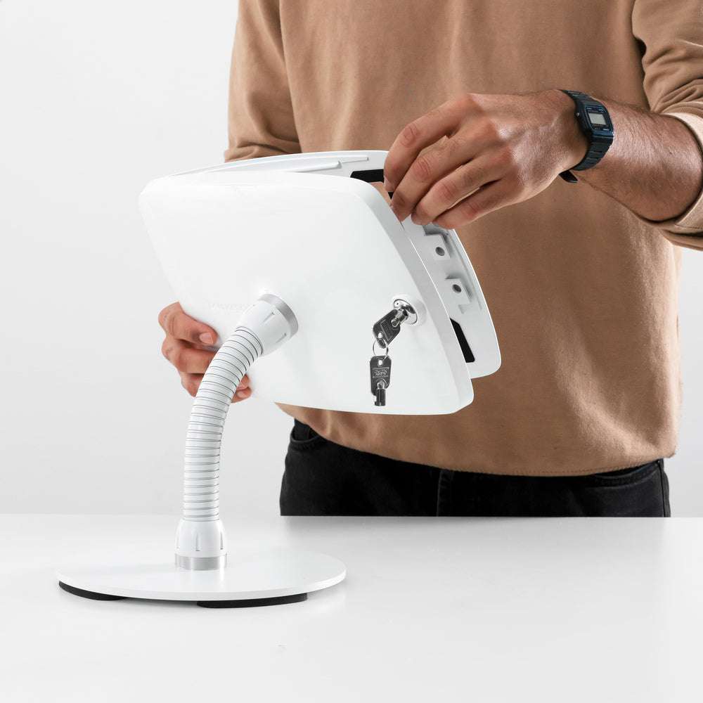 Bouncepad Counter Flex - A secure tablet & iPad gooseneck stand in white.