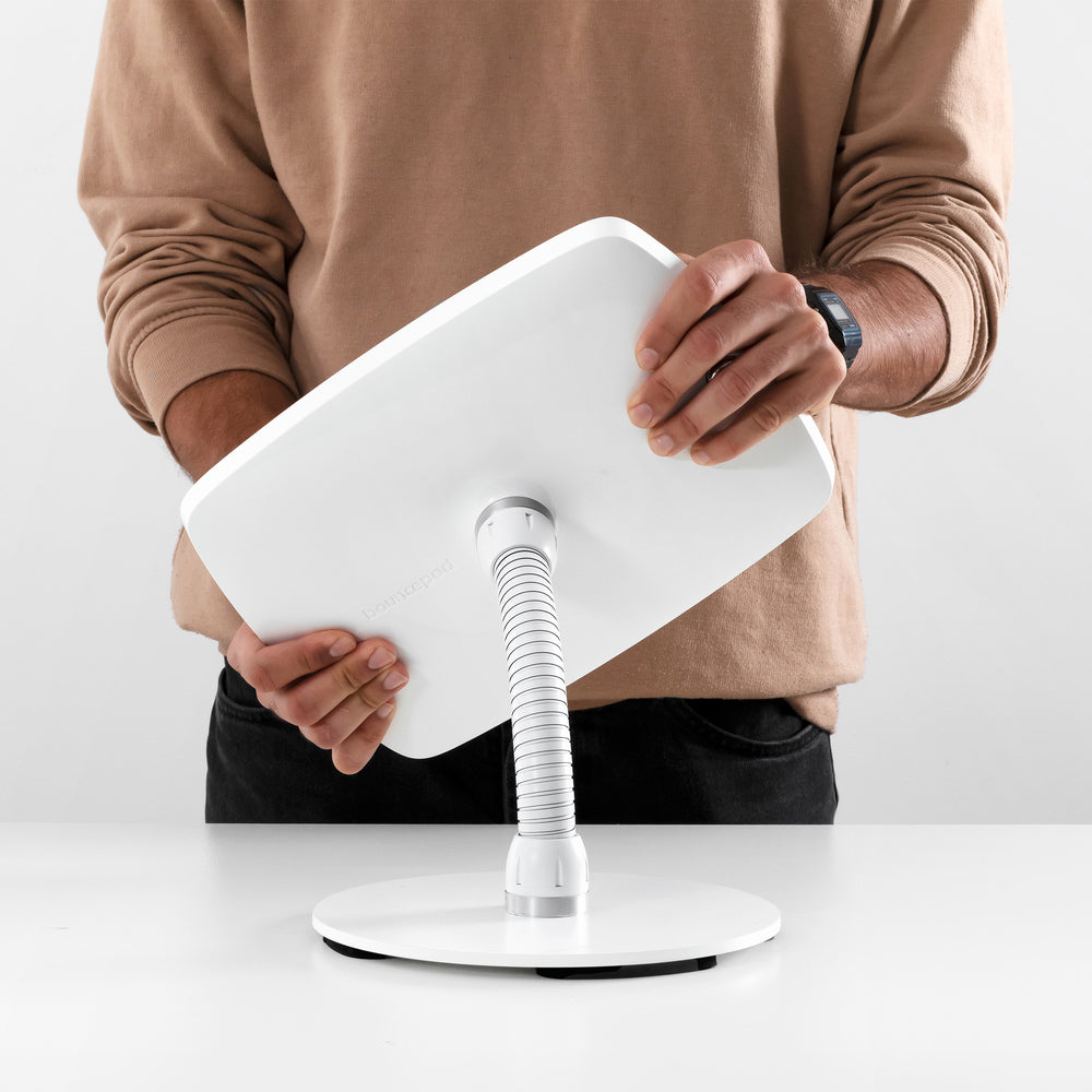 Bouncepad Counter Flex - A secure tablet & iPad gooseneck stand in white.