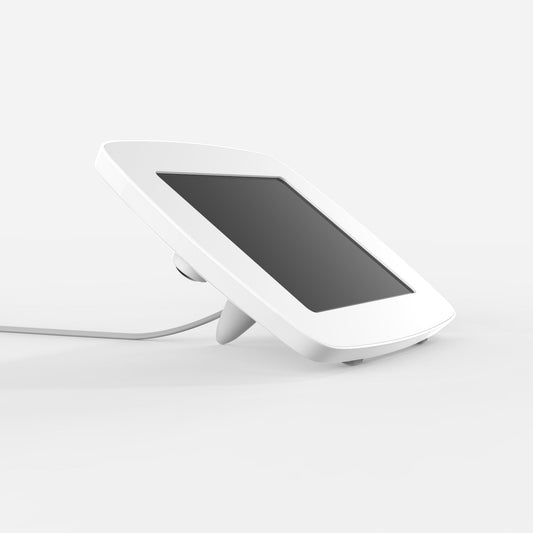 Bouncepad Lounge - A tethered tablet and iPad enclosure in white.