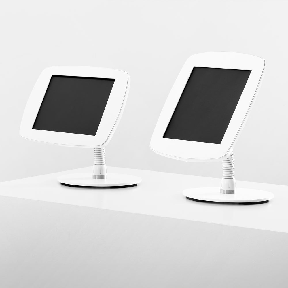 Bouncepad Counter Flex - A secure tablet & iPad gooseneck stand in white.