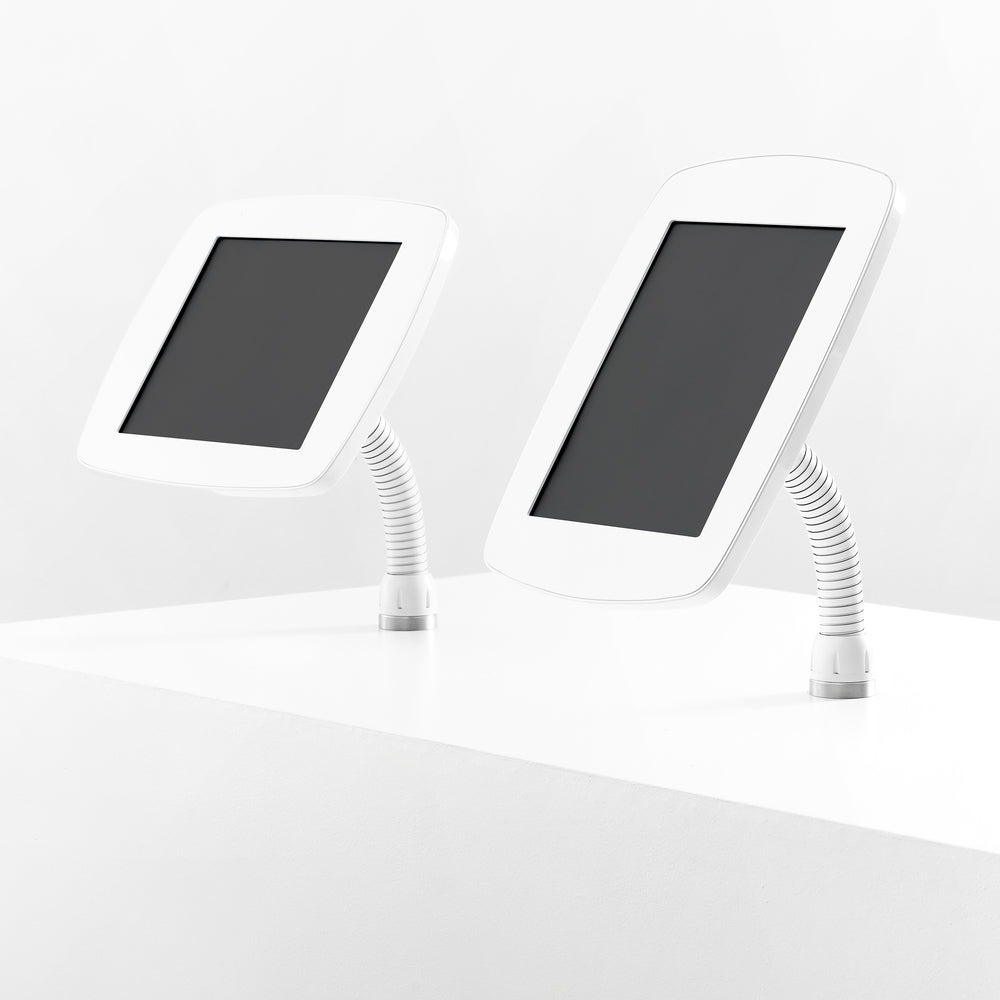 Bouncepad Flex - A secure tablet & iPad gooseneck stand in white.