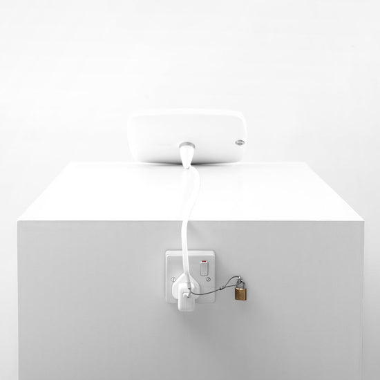 Bouncepad Lounge - A tethered tablet and iPad enclosure in white.